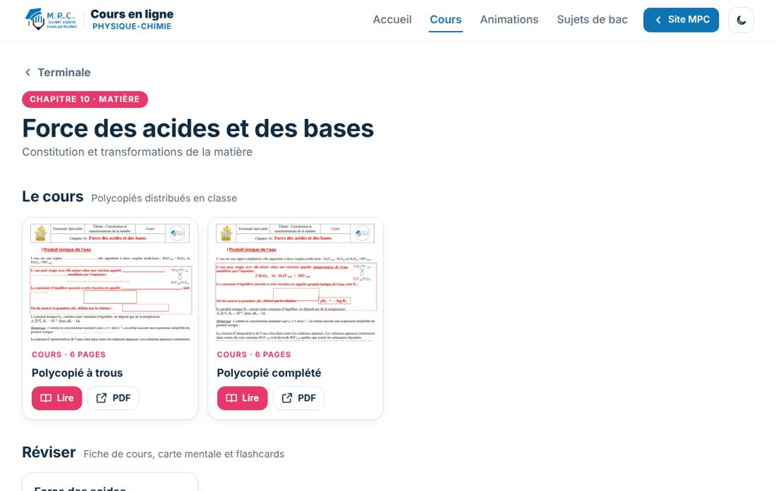 Aperçu du site de cours en ligne : chapitre de Terminale